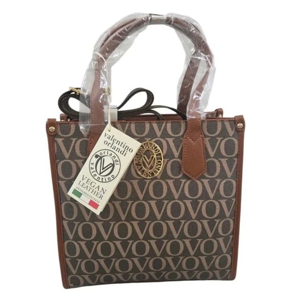 Valentino Orlandi Brown VO Monogram Vegan Satchel Top Handle Zip Strap Italy NWT